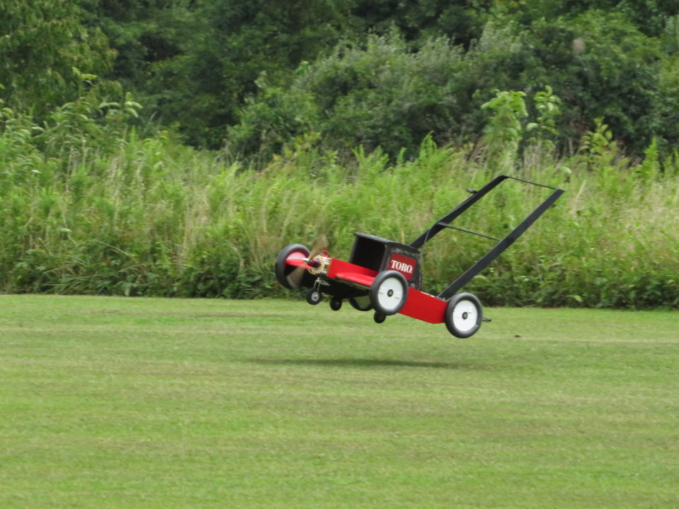 Flying lawnmower tacks off
